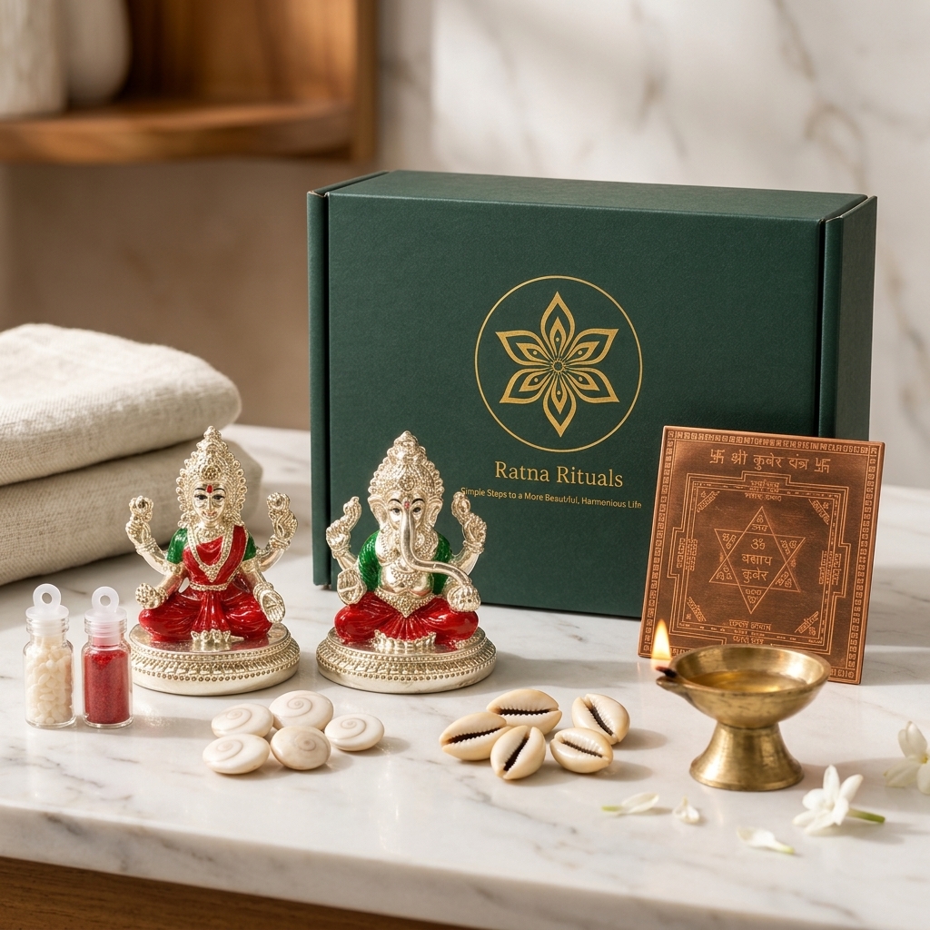 Diwali Gift Kit: 999 Silver Plated Laxmi Ganesh Murti with Copper Yantra, Gomti Chakra and Peeli Kaudi