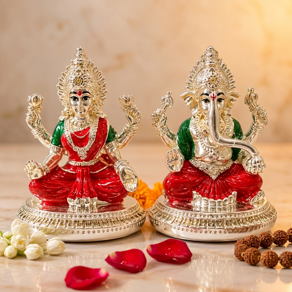 999 Silver Plated Laxmi Ganesh Murti Set, 3 Inch