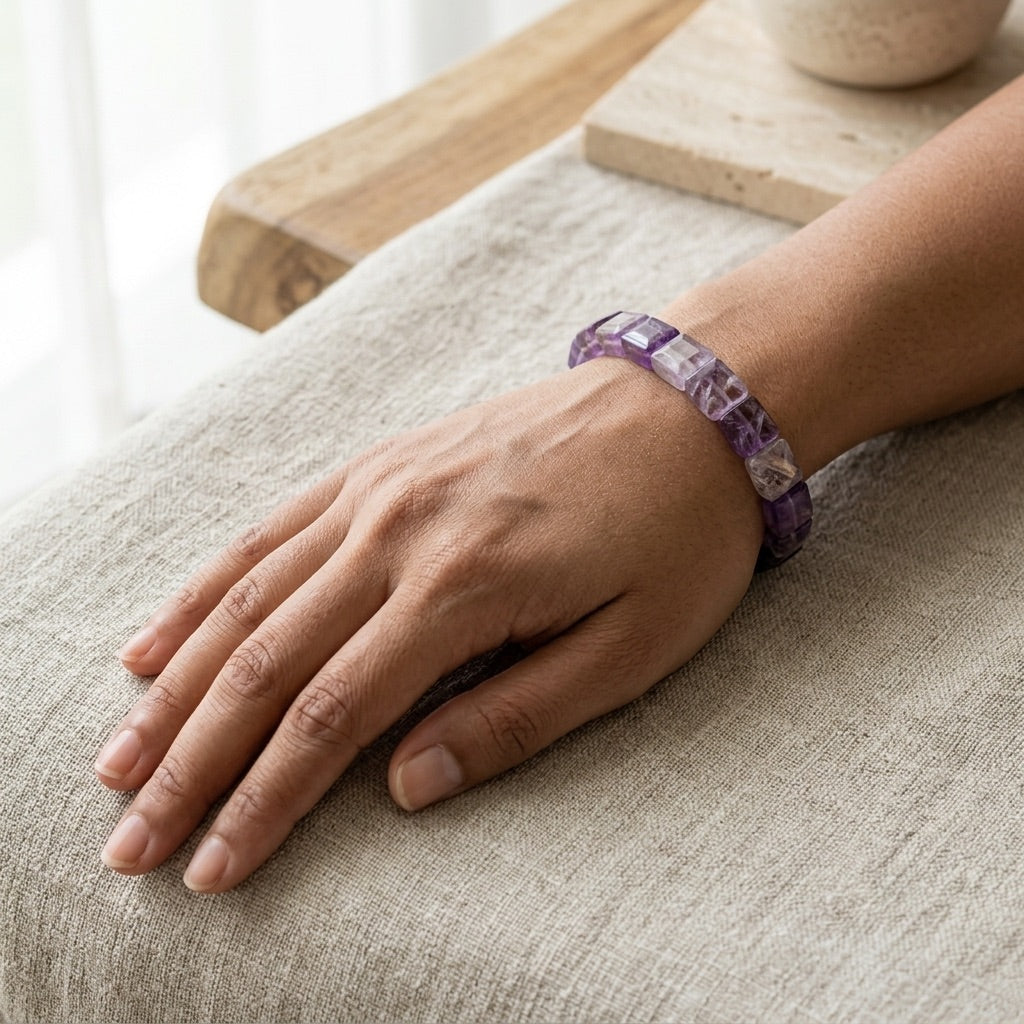Amethyst Bracelet – Faceted Square Beads (12mm)
