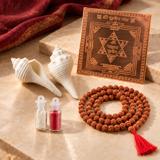 Dhanteras Gift Kit: Dakshinavarti Shankh Pair, 5 Mukhi Rudraksha Mala and 4x4 Copper Yantra
