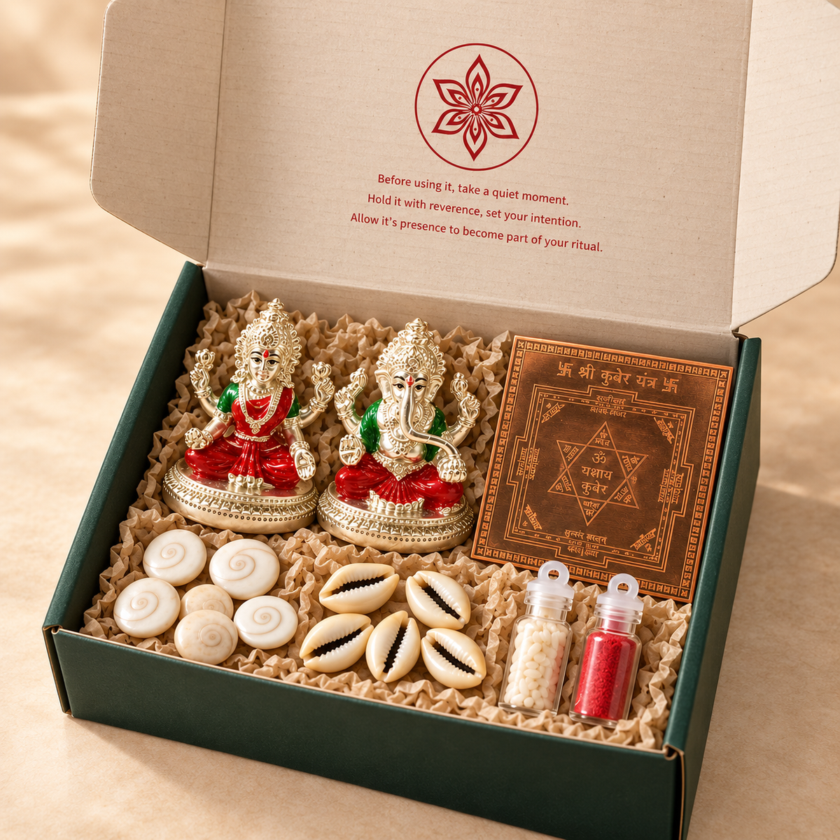 Diwali Gift Kit: 999 Silver Plated Laxmi Ganesh Murti with Copper Yantra, Gomti Chakra and Peeli Kaudi