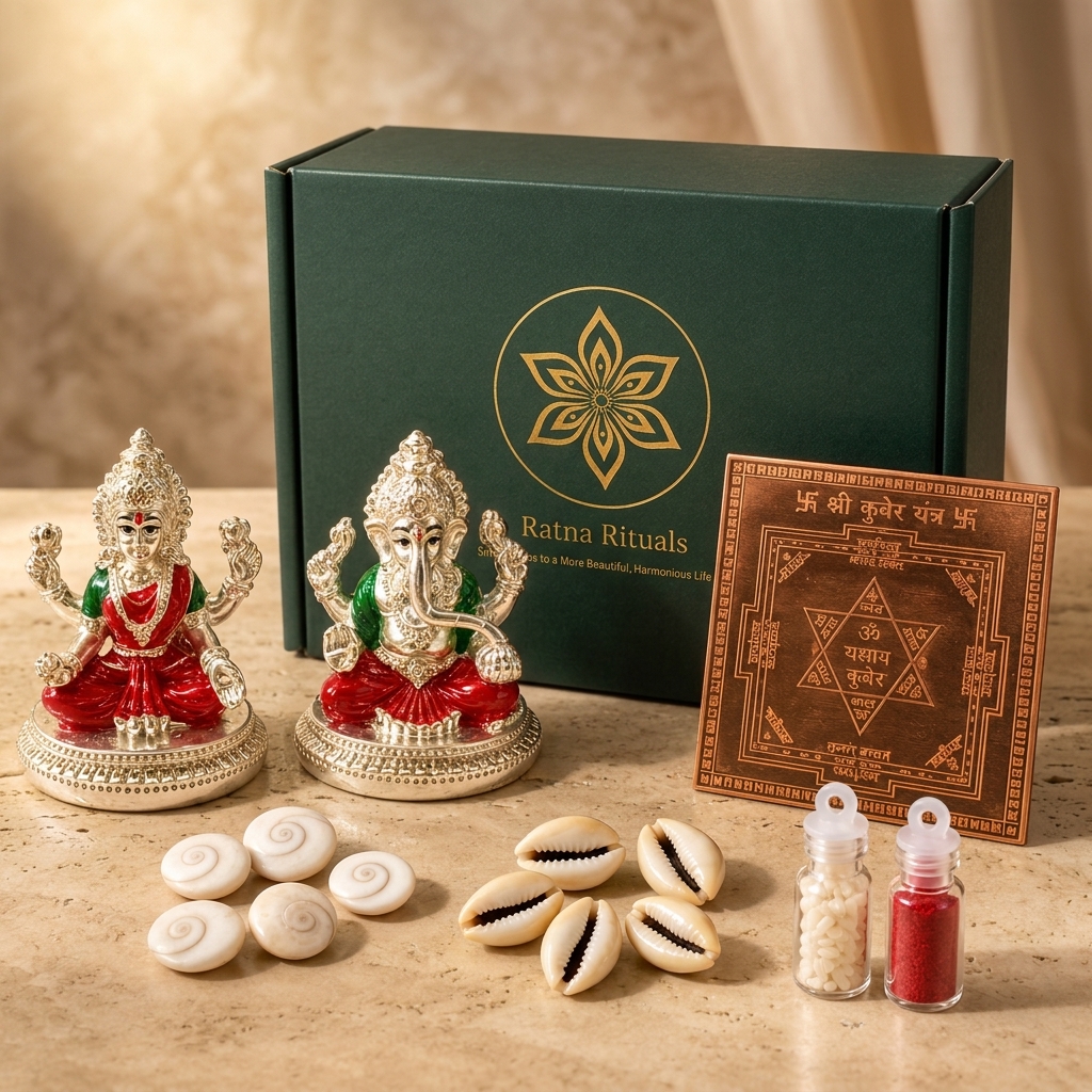 Diwali Gift Kit: 999 Silver Plated Laxmi Ganesh Murti with Copper Yantra, Gomti Chakra and Peeli Kaudi