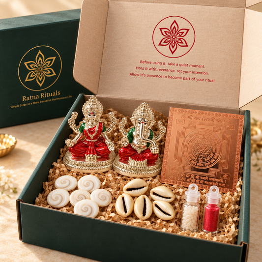 Diwali Gift Kit: 999 Silver Plated Laxmi Ganesh Murti with Copper Yantra, Gomti Chakra and Peeli Kaudi