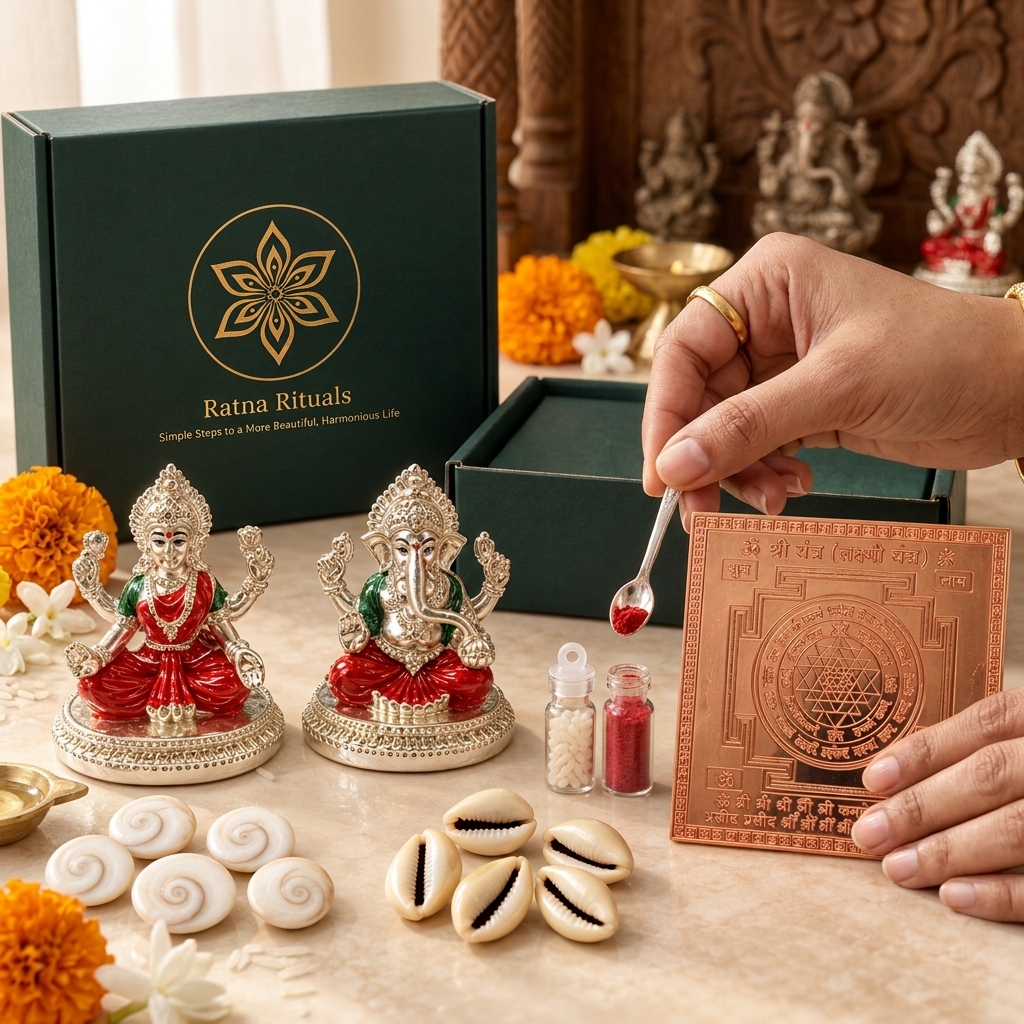 Diwali Gift Kit: 999 Silver Plated Laxmi Ganesh Murti with Copper Yantra, Gomti Chakra and Peeli Kaudi