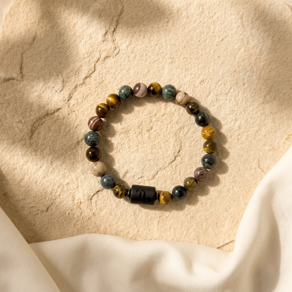 Capricorn Zodiac Bracelet – Black Obsidian with Capricorn Charm