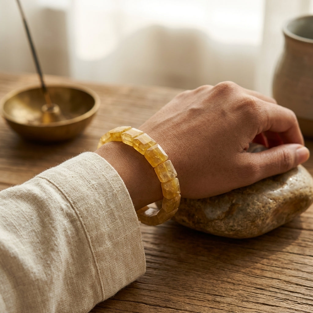 Yellow Jade Bracelet – Faceted Square Beads (12mm)
