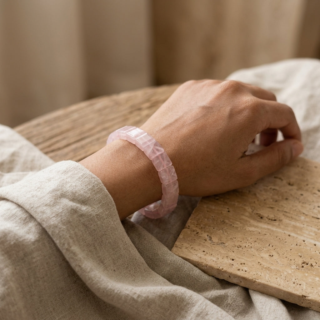 Rose Quartz Bracelet – Faceted Square Beads (12mm)