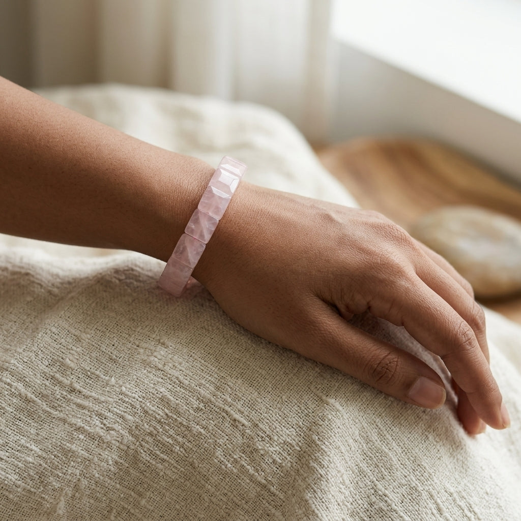 Rose Quartz Bracelet – Faceted Square Beads (12mm)
