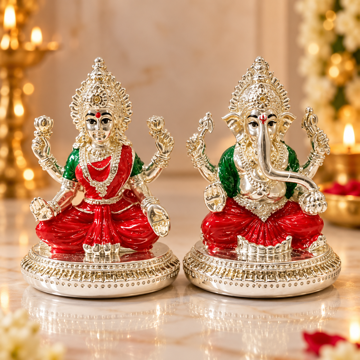 999 Silver Plated Laxmi Ganesh Murti Set, 3 Inch