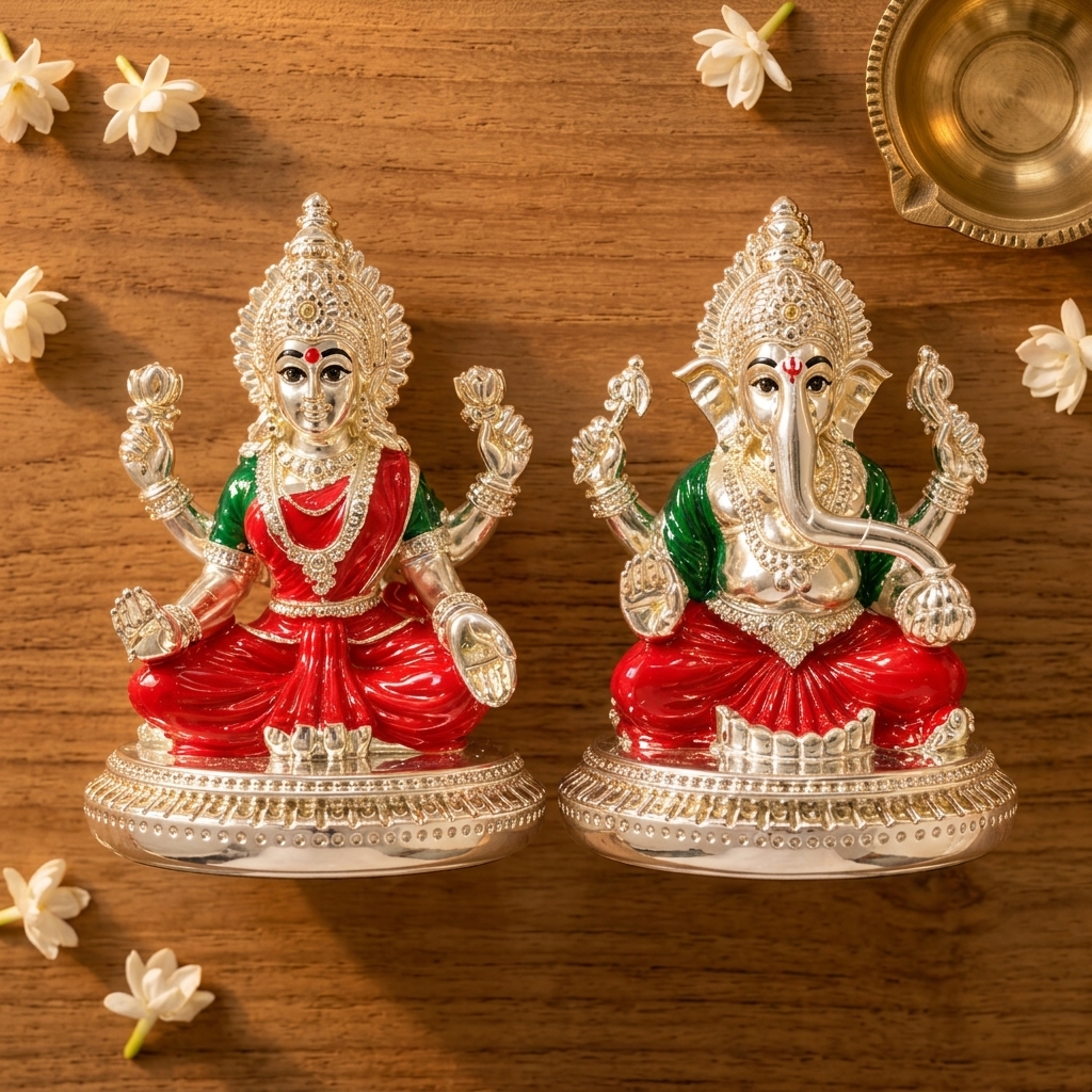 999 Silver Plated Laxmi Ganesh Murti Set, 3 Inch