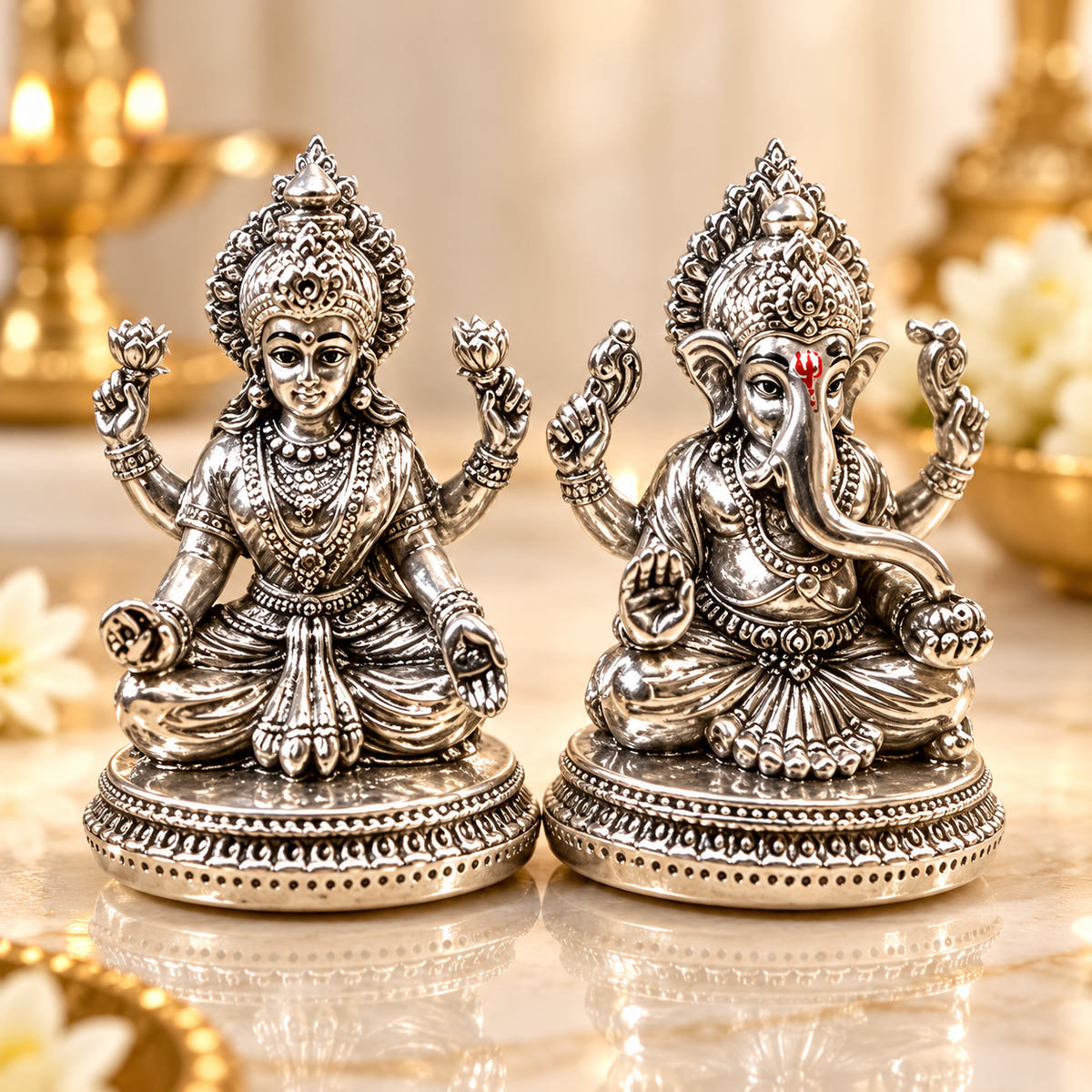 999 Silver Plated Laxmi Ganesh Murti Set, 3 Inch