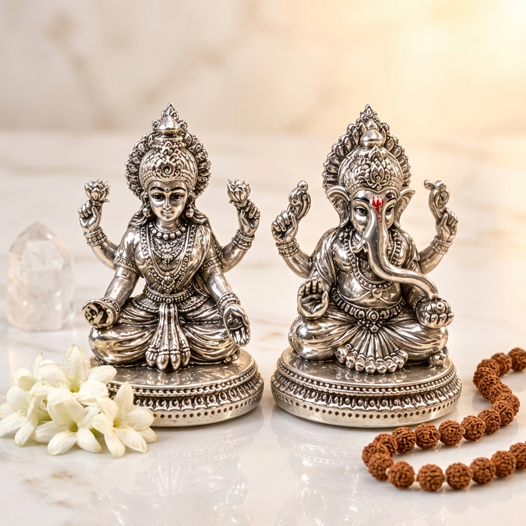 999 Silver Plated Laxmi Ganesh Murti Set, 3 Inch