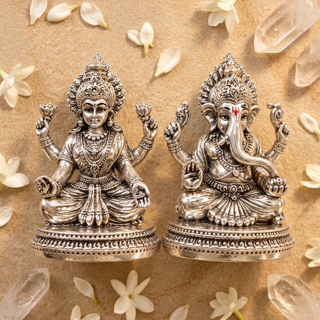 999 Silver Plated Laxmi Ganesh Murti Set, 3 Inch