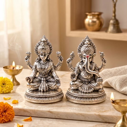999 Silver Plated Laxmi Ganesh Murti Set, 3 Inch