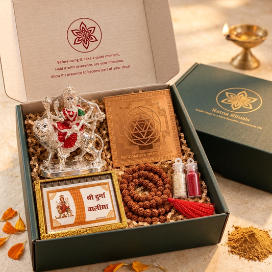 Navratri Gift Kit - Durga Puja Samagri with Laminated Copper Baglamukhi Yantra & 999 Plated Silver Durga Murti