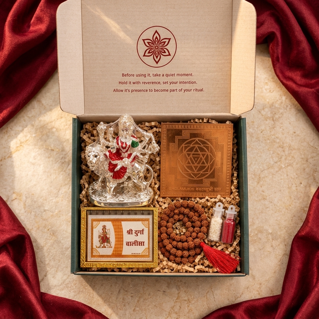 Navratri Gift Kit - Durga Puja Samagri with Laminated Copper Baglamukhi Yantra & 999 Plated Silver Durga Murti