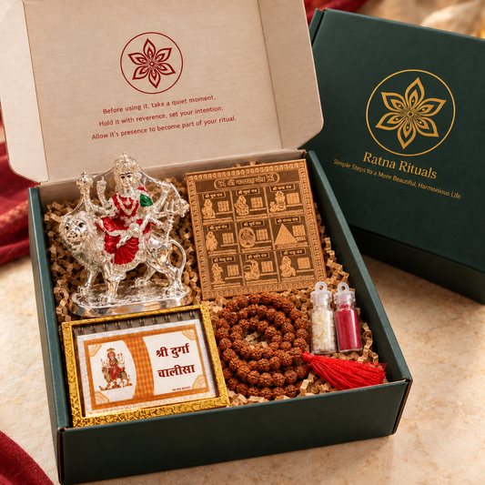 Navratri Gift Kit - Durga Puja Samagri with Laminated Copper Navgraha Yantra & 999 Plated Silver Durga Murti