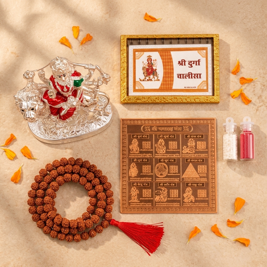 Navratri Gift Kit - Durga Puja Samagri with Laminated Copper Navgraha Yantra & 999 Plated Silver Durga Murti