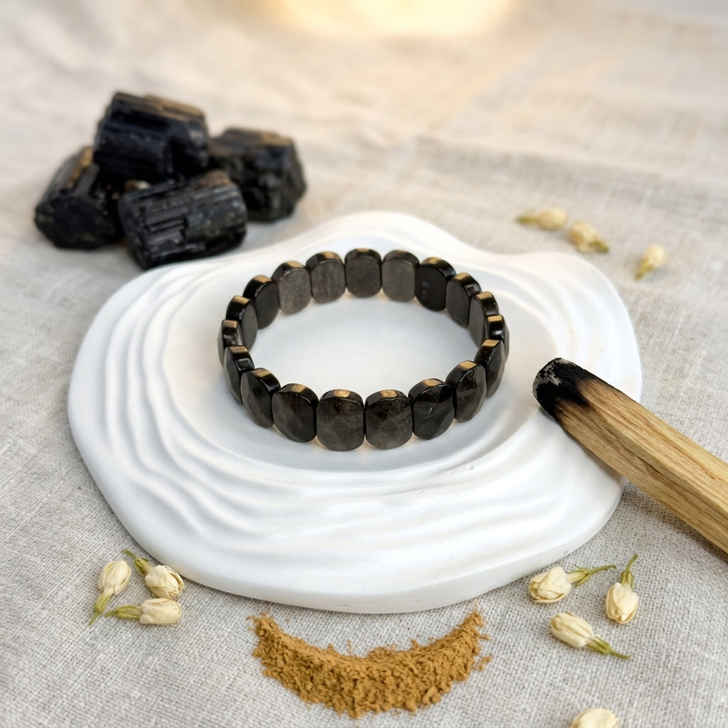 Silver Obsidian Bracelet – Faceted Oval Beads