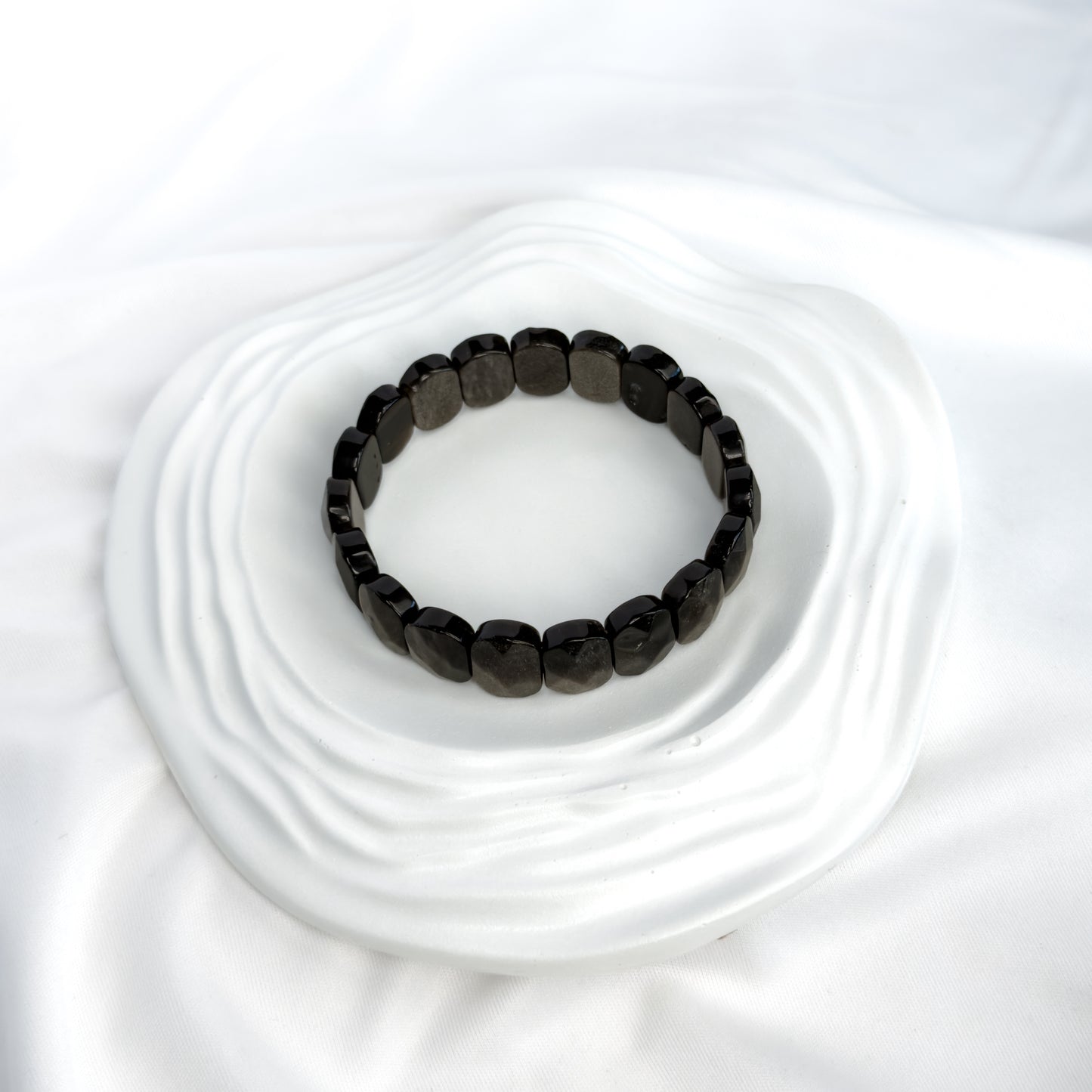 Silver Obsidian Bracelet – Faceted Oval Beads