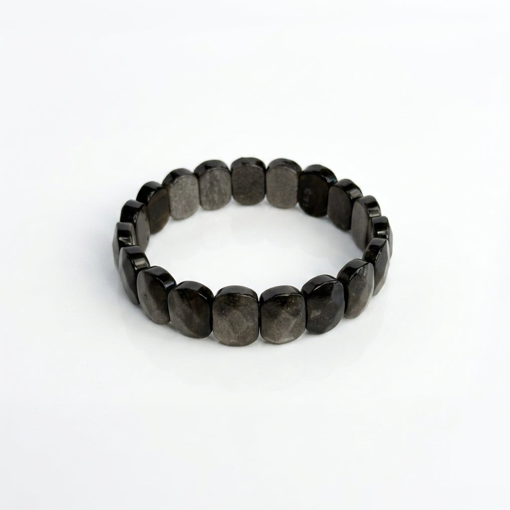 Silver Obsidian Bracelet – Faceted Oval Beads