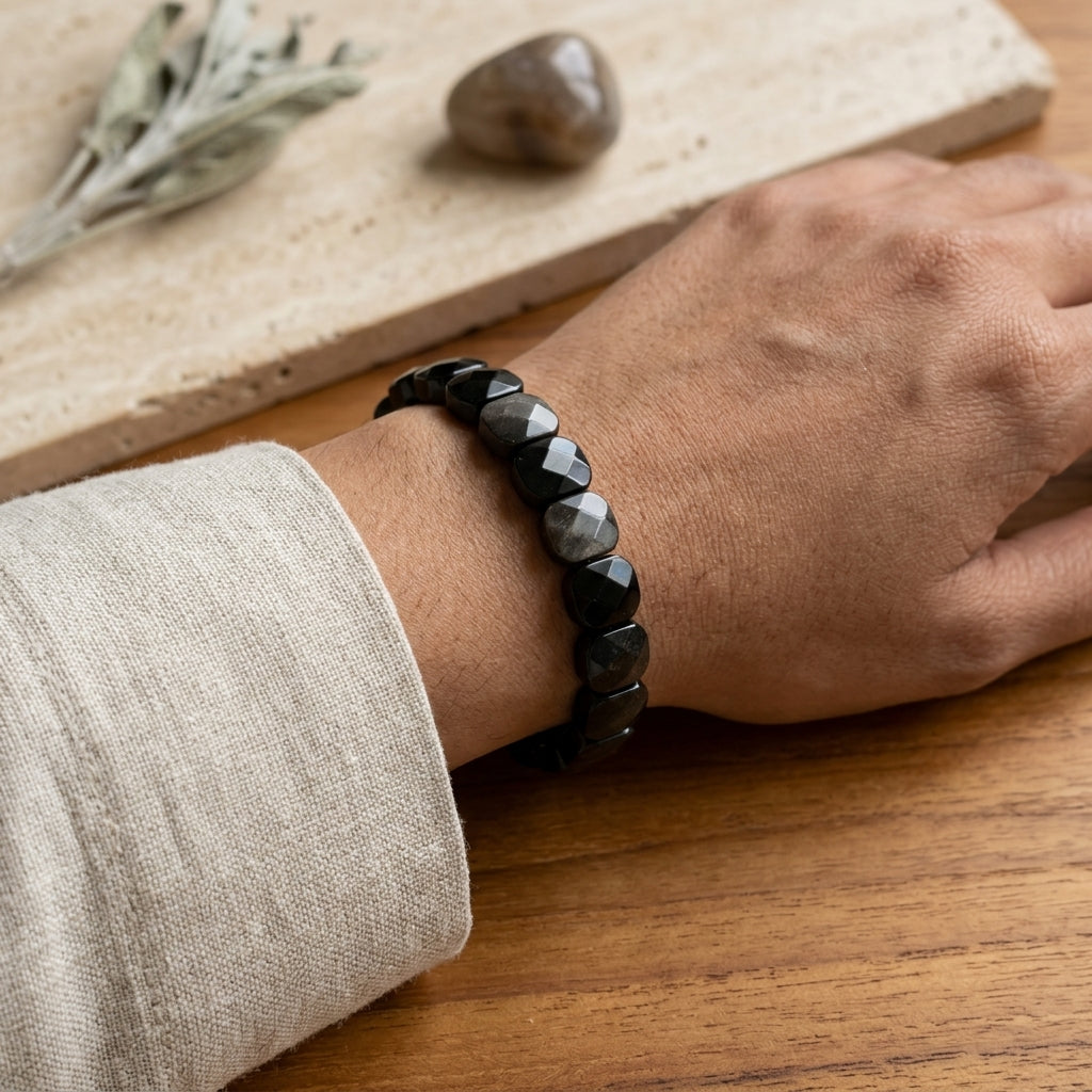 Silver Obsidian Bracelet – Faceted Oval Beads