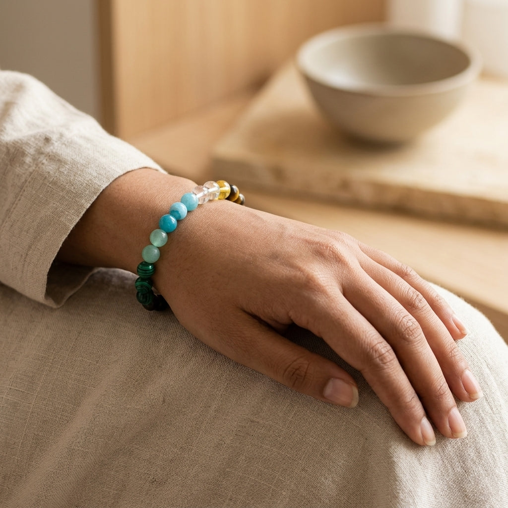 Abundance Bracelet – Tiger's Eye & Amazonite with Lotus Charm