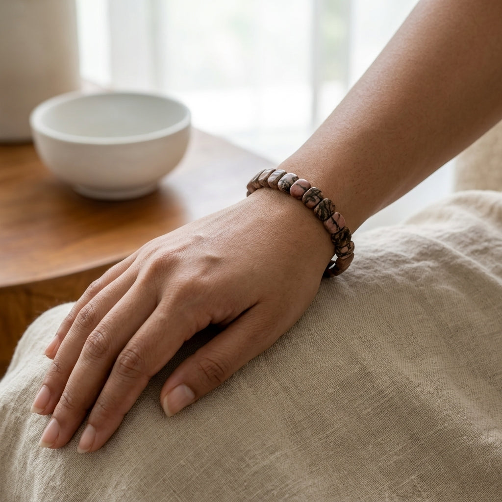 Black Veined Rhodonite Bracelet – Faceted Oval Beads