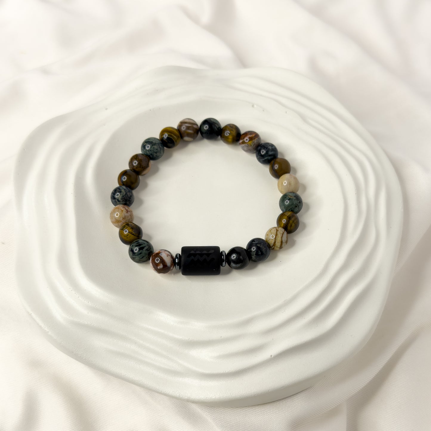 Aquarius Zodiac Bracelet – Black Obsidian with Aquarius Charm