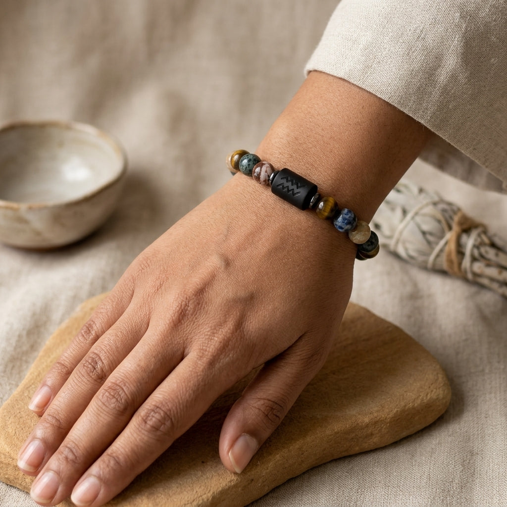 Aquarius Zodiac Bracelet – Black Obsidian with Aquarius Charm