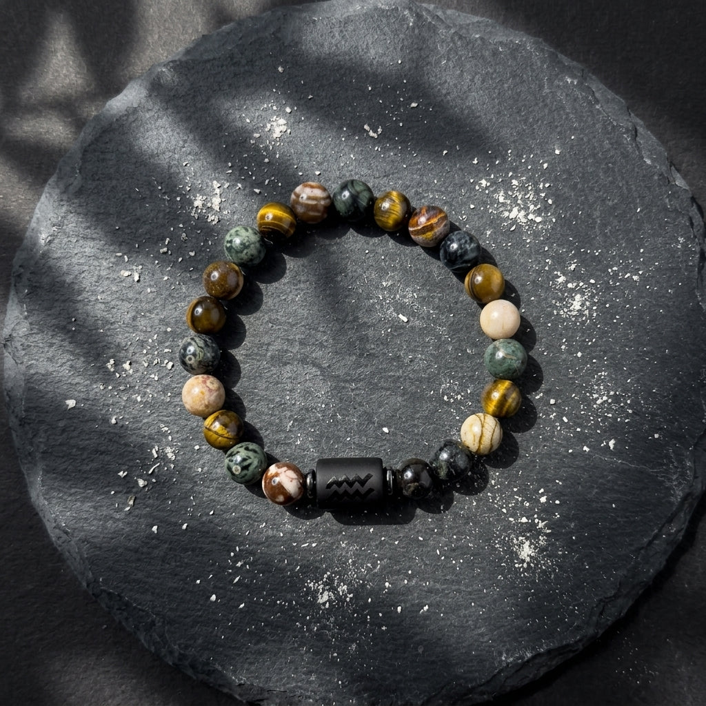 Aquarius Zodiac Bracelet – Black Obsidian with Aquarius Charm