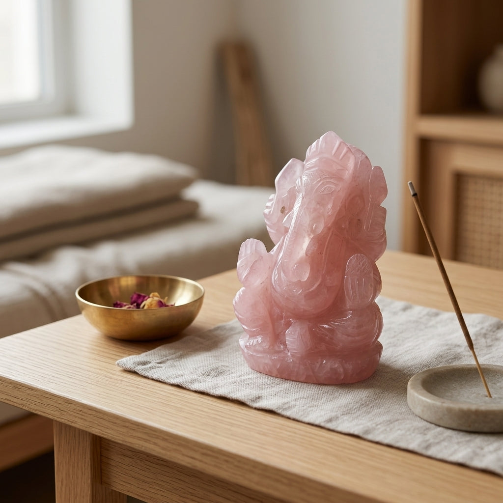Rose Quartz Ganesha Idol – Hand Carved Crystal Ganesh Murti (10cm)