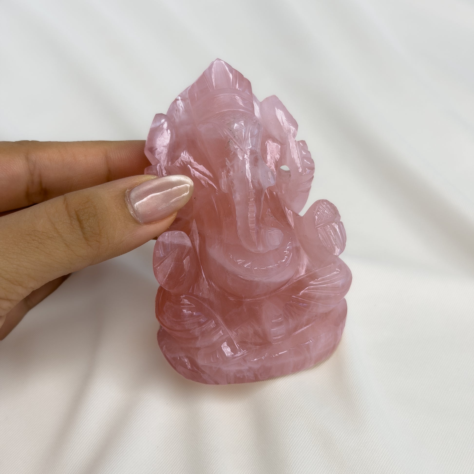 Rose Quartz Ganesha Idol – Hand Carved Crystal Ganesh Murti (10cm)