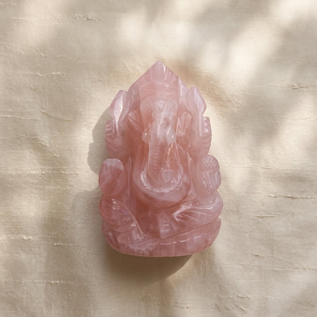 Rose Quartz Ganesha Idol – Hand Carved Crystal Ganesh Murti (10cm)