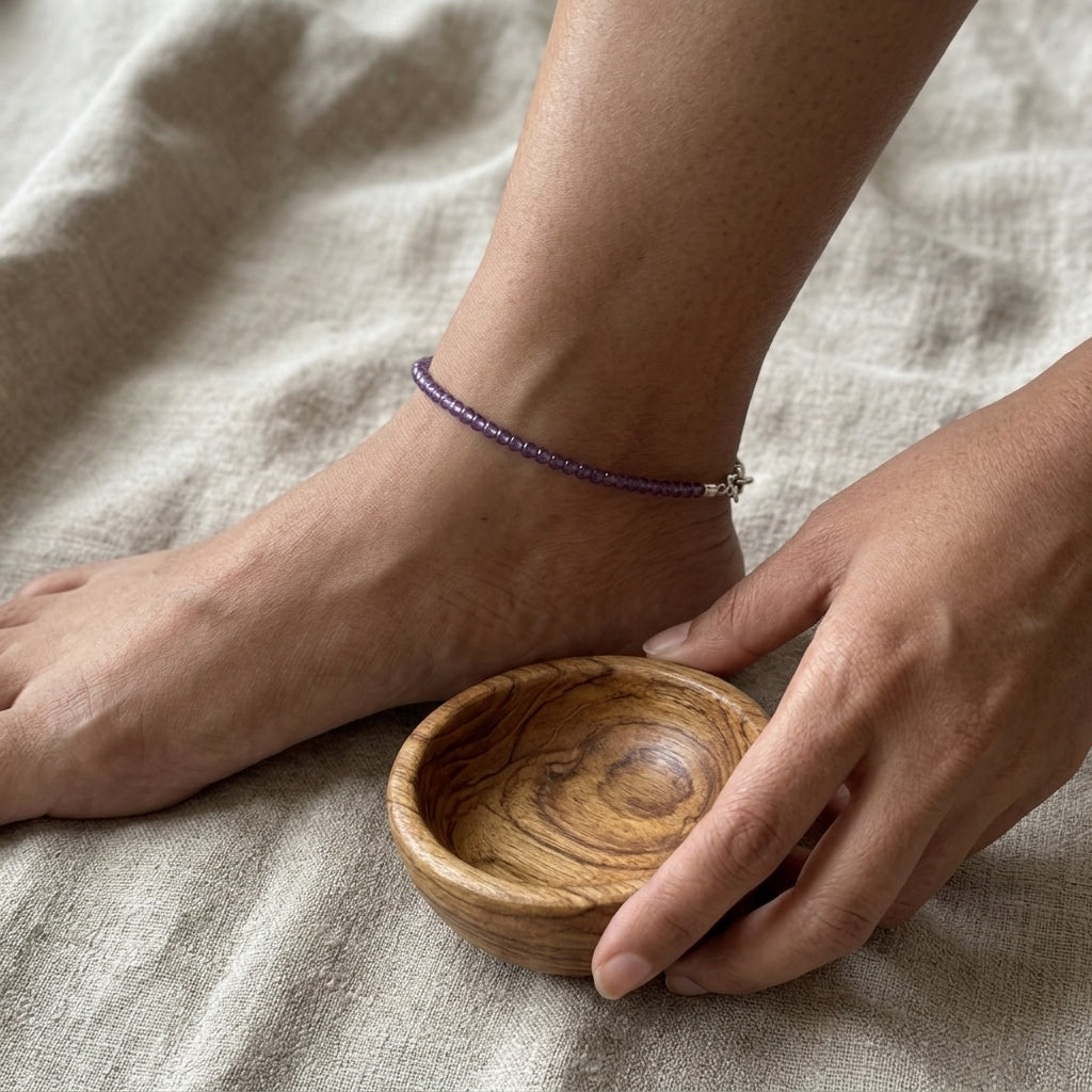 Amethyst Anklet – Natural 8mm Beads, Adjustable