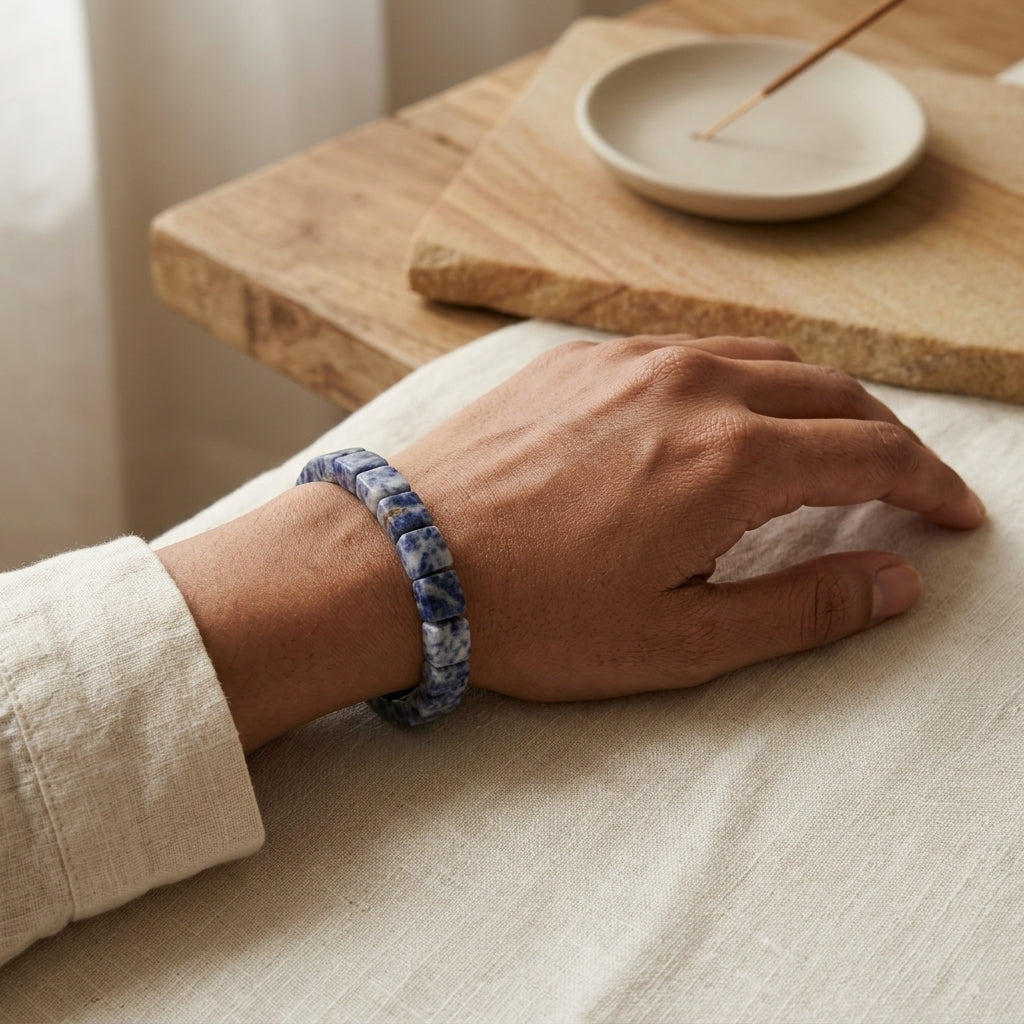Blue Spot Jasper Bracelet – Faceted Square Beads (12mm)
