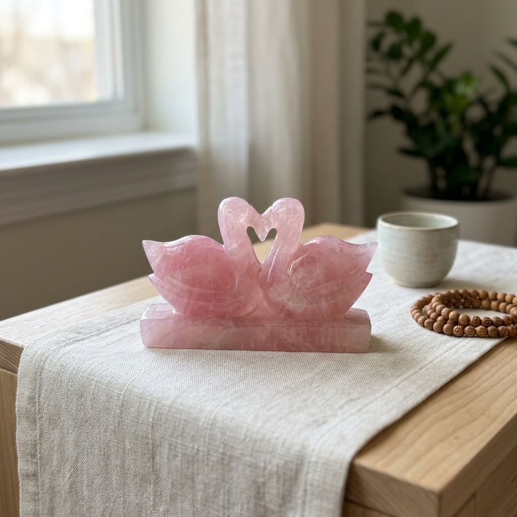 Rose Quartz Swan Figurine XL – Hand Carved Pair Symbol